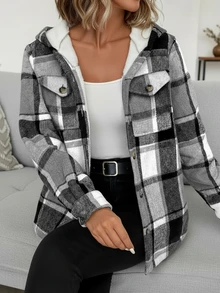 女士休闲格子保暖内衬连帽常规夹克，冬季女士冬季服装棕色上衣冬季外套 - 黑灰色 - 查看 4