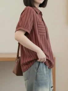 女士条纹印花贴袋短袖休闲衬衫，适合夏季 - 紅木色 - 查看 4