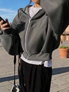 Y2K 新年女式纯色休闲时尚秋季卫衣，街头风，保暖舒适，连帽设计，别致有型，圣诞节主题 - 深灰色 - 查看 2