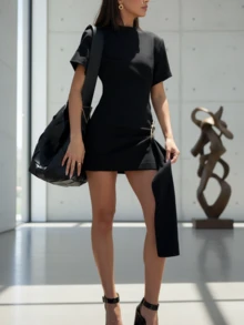 女士春夏连衣裙套装，时尚束腰中长连衣裙，优雅收腰A字迷你连衣裙，派对连衣裙，女士度假装，时尚女士度假套装 - 黑色 - 查看 3