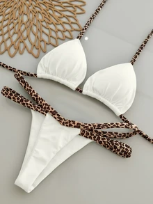 Nouveaux arrivages Ensemble de bikini sexy pour femmes avec triangle coupe-ras-du-cou, style européen et américain, pour les vacances d'été - Blanc - Voir 1
