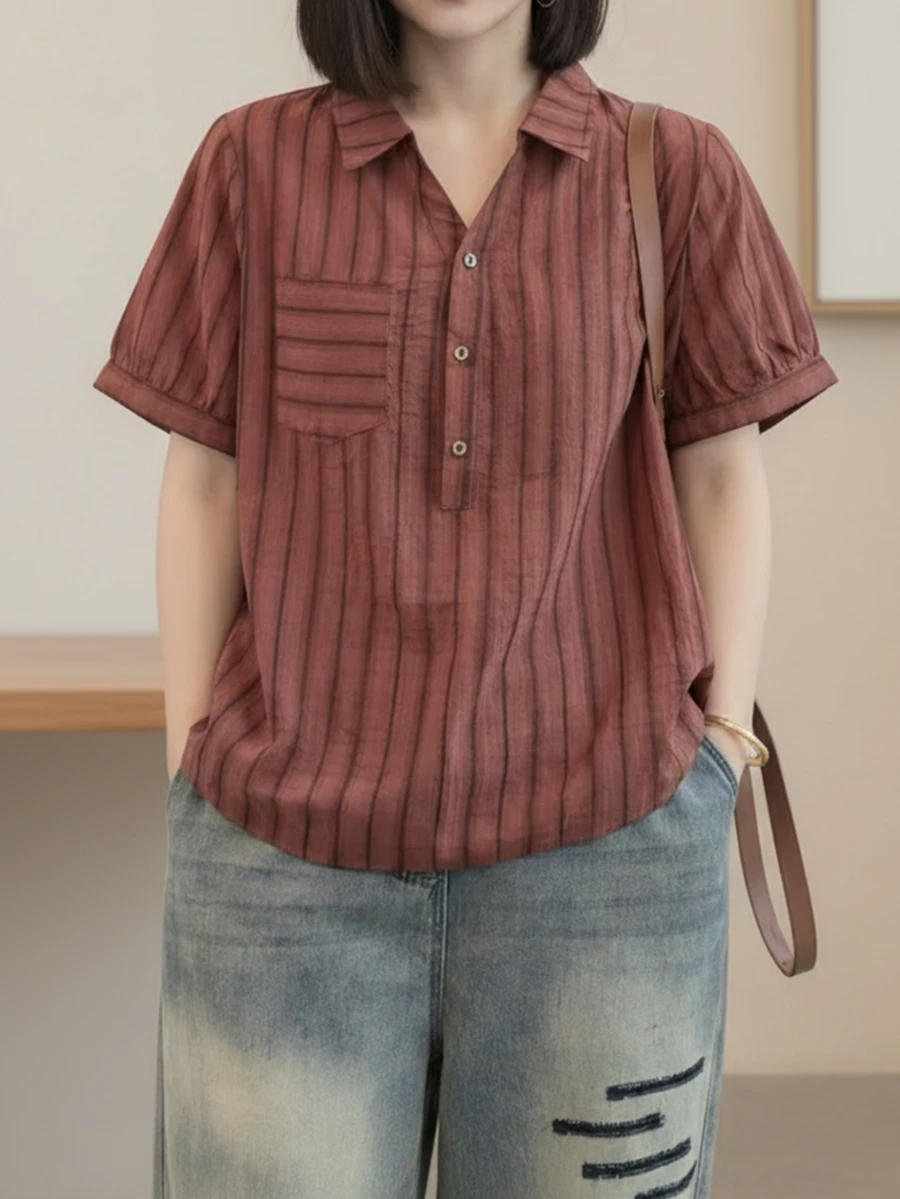 女士条纹印花贴袋短袖休闲衬衫，适合夏季 - 紅木色 - 查看 1
