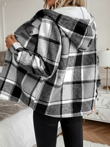 女士休闲格子保暖内衬连帽常规夹克，冬季女士冬季服装棕色上衣冬季外套 - 黑灰色 - 查看 2