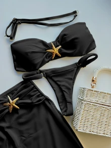 2025新款性感比基尼，3件套，欧美风纯色搭扣设计，分叉式女士高端泳装，度假沙滩黑色夏季款 - 黑色 - 查看 4