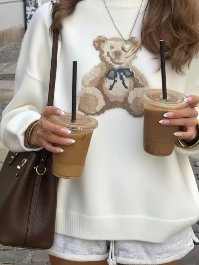 2025 Autumn/Winter New Fashion Casual Vintage Colorblock Cute Teddy Bear Graphic Knit Pullover Sweater, Women Animal Print Basic Tops, Going Out Tops, Fall Women Clothes, Korean Style, Modest Women, Party Women, Y2K Women, Tops For Going Out, Concert Women, Date Night Women