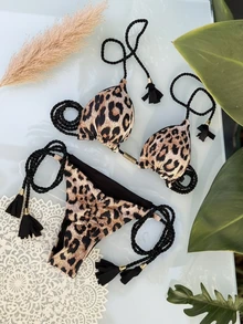 Women's Halter Leopard Print Tie-Up Sexy Backless High-End Bikini 2-Piece Swimsuit Set, 2025 New Arrival Vacation Beach Summer - Brown - View 1