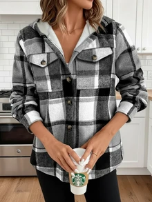 女士休闲格子保暖内衬连帽常规夹克，冬季女士冬季服装棕色上衣冬季外套 - 黑灰色 - 查看 3