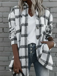 Blusa casual de manga larga a cuadros con dobladillo regular y material sin estiramiento - Blanco - Ver 1