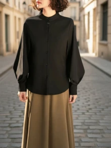 女士优雅纽扣长袖雪纺衬衫，春夏