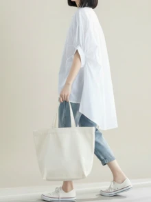 女士时尚半袖高低领衬衫，带纽扣，完美休闲 - 白色 - 查看 3