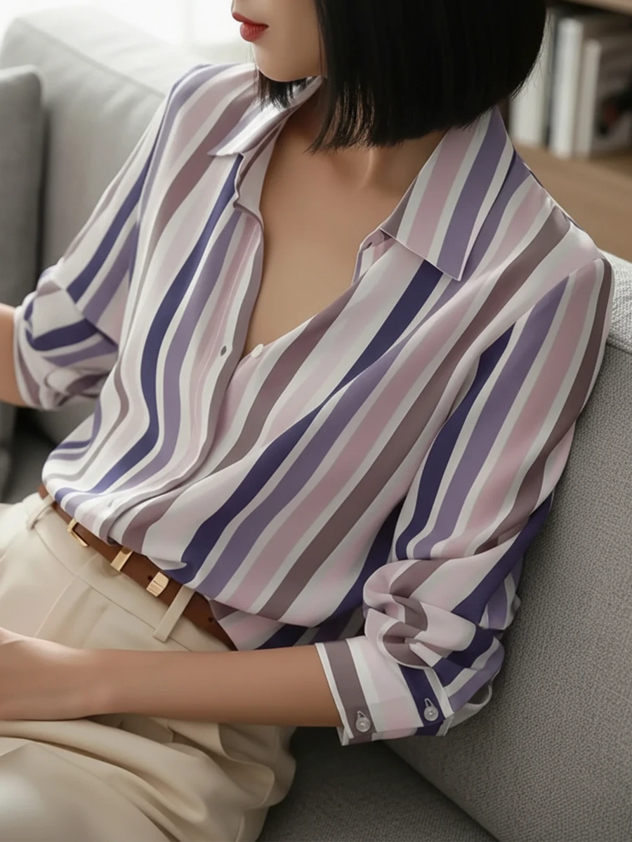 女式条纹长袖纽扣领涤纶衬衫 - 彩色 - 查看 1