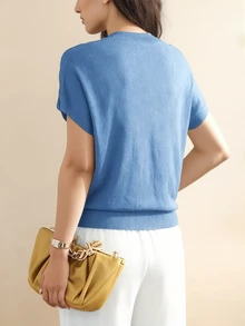 Áo thun ngắn tay dáng rộng, áo croptop dệt kim không tay độc đáo, áo lót màu trơn mùa hè. - Màu xanh của chim công - Xem 2