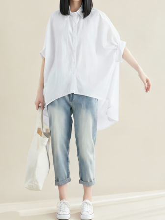 女士时尚半袖高低领衬衫，带纽扣，完美休闲