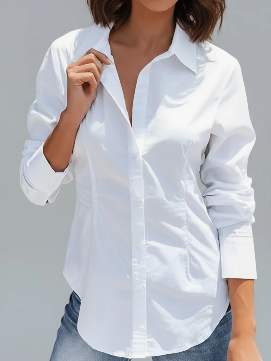 优雅白衬衫，纽扣前襟设计，常规下摆，适合办公室穿着