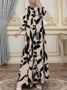 女士植物印花灯笼袖宽松长款阿拉伯风格连衣裙，端庄的卡夫坦