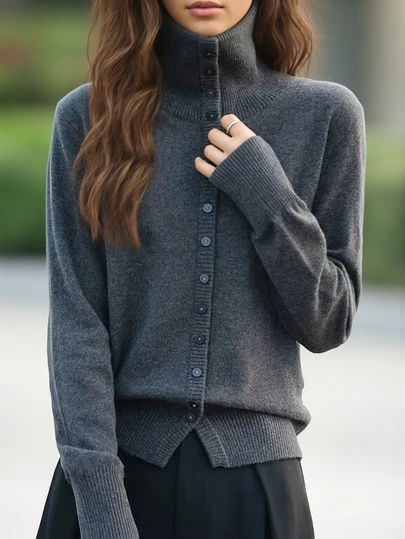 优质细针织高领单排扣开衫，时尚百搭，适合秋冬