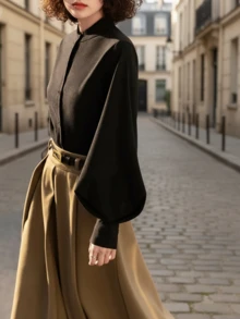 女士优雅纽扣长袖雪纺衬衫，春夏