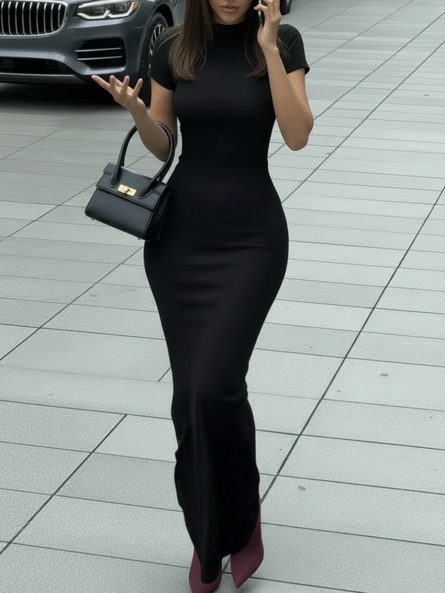 Vestido feminino de Natal 2025 | Vestido longo elegante para festas de inverno | Vestido maxi sereia vintage preto e dourado com gola redonda | Perfeito para o Ano Novo, encontros românticos, jantares formais e verão - Preto - Ver 1