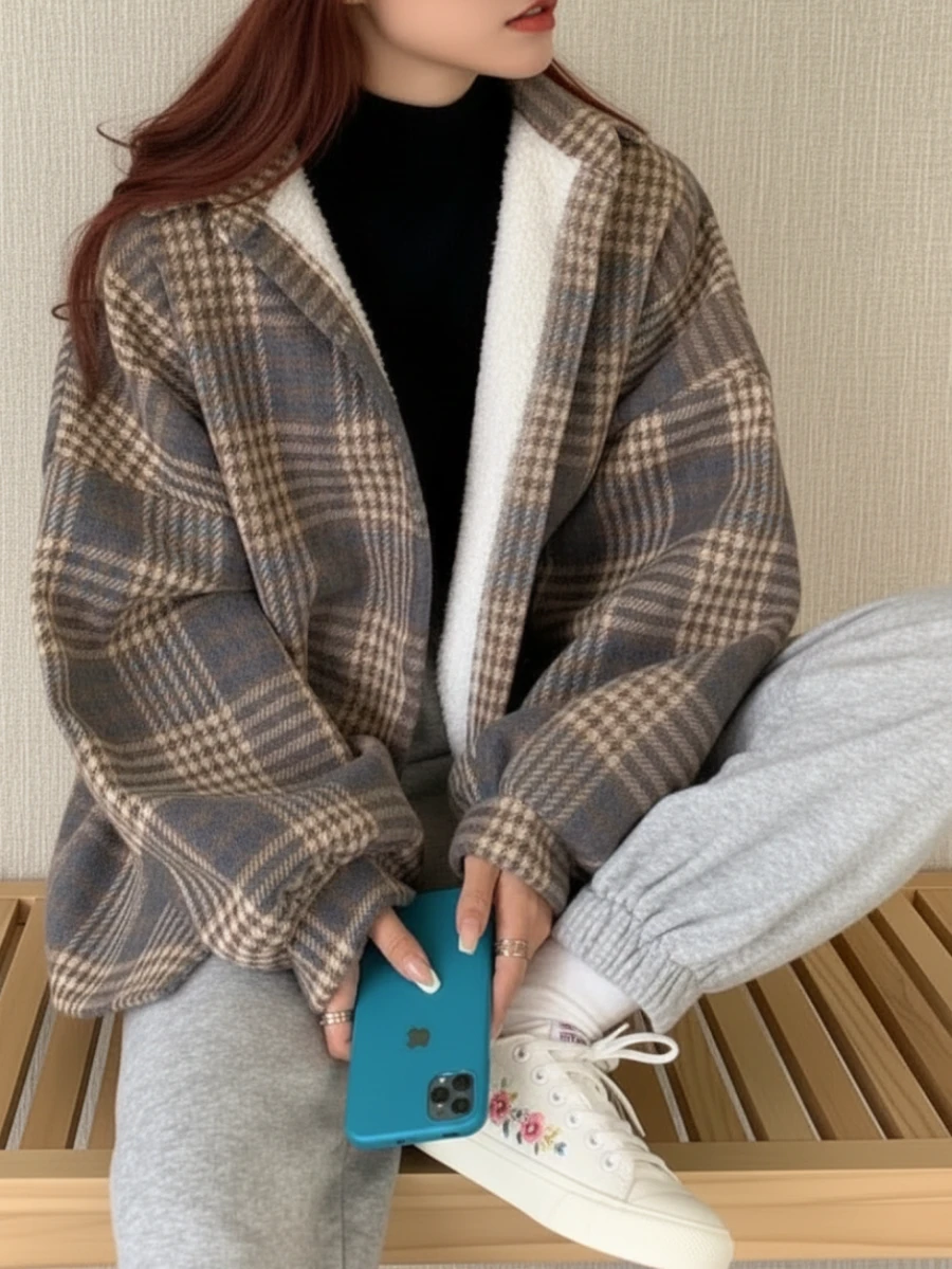 女式格纹保暖衬里休闲衬衫夹克，秋冬