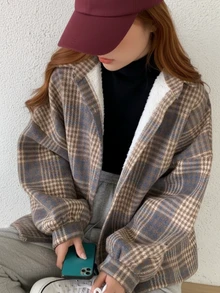 女式格纹保暖衬里休闲衬衫夹克，秋冬