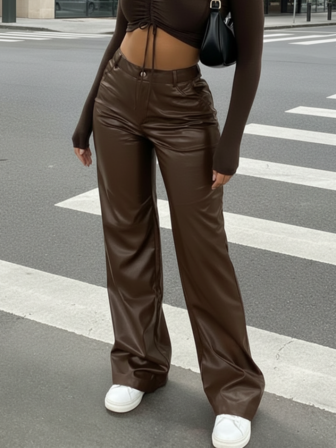 Women High Waist Glossy Coated Straight Leg Casual Pants, Faux Leather Wide Leg Trousers, American Chic Street Style, Spring