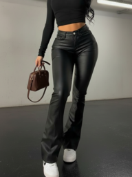 Spring Black American Style Faux Leather Flared Pants, Slimming And Leg-Lengthening, Fashionable For Young Women