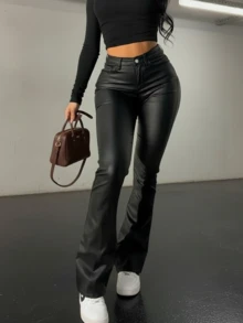 Spring Black American Style Faux Leather Flared Pants, Slimming And Leg-Lengthening, Fashionable For Young Women