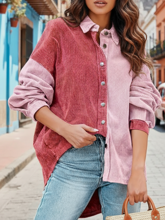 Women's Autumn/Winter Color Block Corduroy Dropped Shoulder Loose Casual Shacket