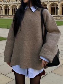 Áo len dệt kim tay dài cổ tròn màu nâu mới của SEREN dành cho nữ mùa thu đông, áo len kiểu dáng rộng rãi, thoải mái, thích hợp mặc hàng ngày - màu nâu - Xem 3