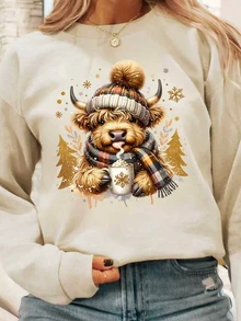 Lässiges, locker sitzendes Damen Langarm T-Shirt mit Motiv von Hochlandrind und Weihnachtsbaum, geeignet für Weihnachten, Neujahr, Thanksgiving, Herbst, Winter