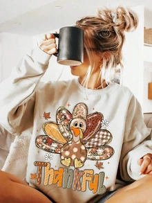 Women's Thanksgiving Turkey Letter Print Round Neck Long Sleeve Casual Loose Pullover Sweatshirt - Light Apricot - View 2