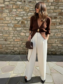 Áo khoác cardigan dệt kim tay dài cổ chữ V bất đối xứng SEREN dành cho nữ, kiểu dáng tối giản thời trang, phù hợp mặc hàng ngày vào mùa thu, áo khoác ngoài công sở thường ngày. - màu nâu - Xem 3
