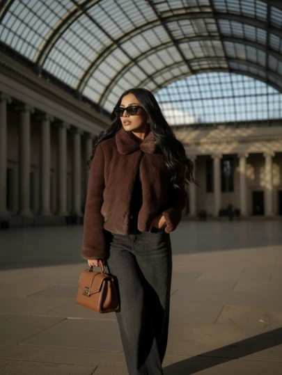 女士休闲纯色仿毛领夹克，冬季