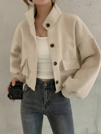 Plus Size Women Casual Apricot Stand Collar Jacket, Women Casual Outdoor Hem Cinched Jacket, Solid Woven Fabric Pockets Front Button Closure, Suitable For Daily, Travel, Airport Wear, Autumn/Winter