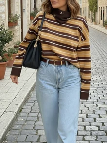 MORI Women's Crew Neck Multicolor Striped Long Sleeve Knit Sweater, Spring New Casual Daily Top, New Year Style Sweater Carnival Top