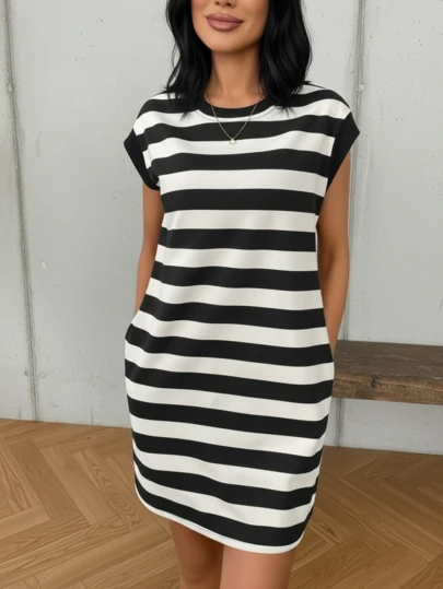 Women's Striped Crew Neck T-Shirt Dress, Short Sleeve Loose Contrast Color Striped Dress, Casual Loose Elegant Daily Date Outing Travel Essential