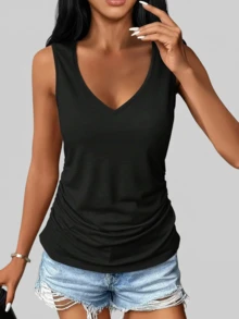 3 件套女士休闲无袖 V 领背心 - 宽松纯色上衣（黑色/灰色/粉色），可机洗，适合所有季节，日常穿着，褶皱设计，舒适