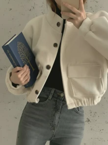 Plus Size Women Casual Apricot Stand Collar Jacket, Women Casual Outdoor Hem Cinched Jacket, Solid Woven Fabric Pockets Front Button Closure, Suitable For Daily, Travel, Airport Wear, Autumn/Winter