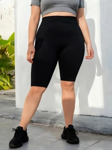 大尺寸純色修身短褲,休閒每日彈性緊身褲 - 黑色 - 查看 2