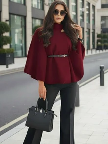 Winter Women's Clothes, Short Style, Stand-Up Collar, Loose, Woolen Coat, Shawl Cape, Complimentary Belt, Chic,Two Pieces Set, Christmas ,Tops