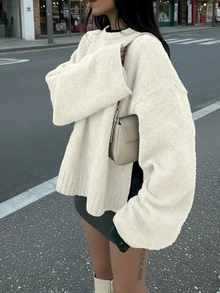女士秋冬新款法式浪漫休闲百搭简约优雅针织毛衣上衣 - 白色 - 查看 1