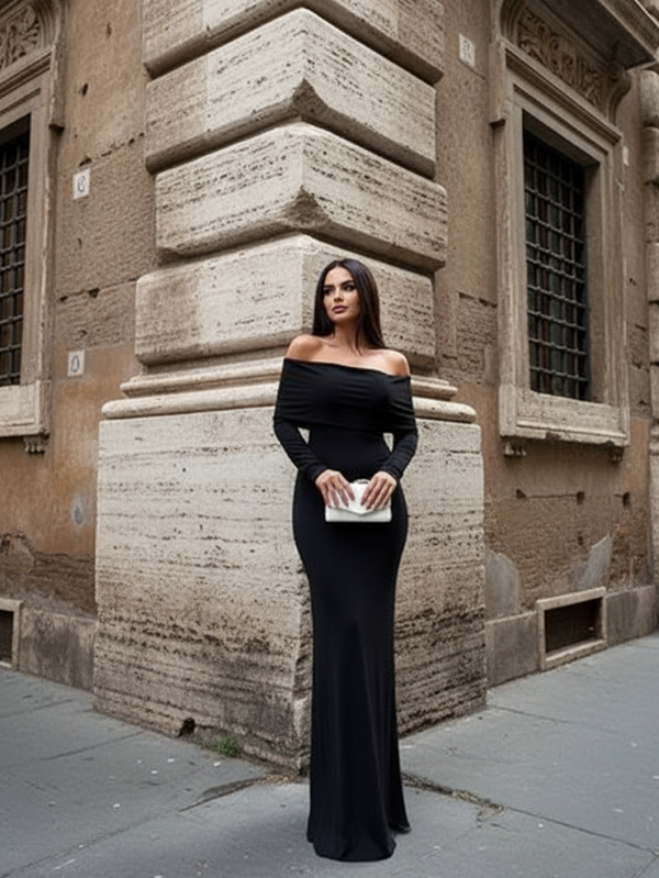 Robe moulante élégante à épaules dénudées à manches longues en tricot de couleur unie pour femmes