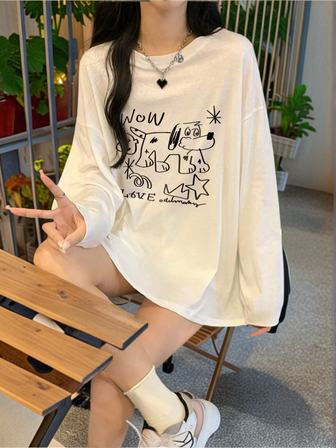 Women New Cartoon Dog Print Round Neck Casual Loose Fit Cute Girl Oversized Long Sleeve T-Shirt Top, Autumn/Winter