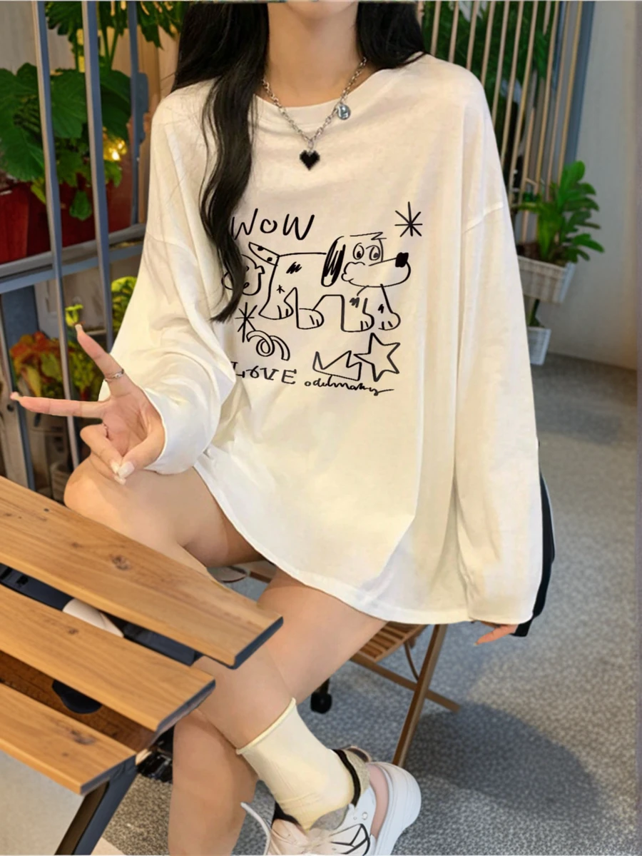 Women New Cartoon Dog Print Round Neck Casual Loose Fit Cute Girl Oversized Long Sleeve T-Shirt Top, Autumn/Winter - White - View 1