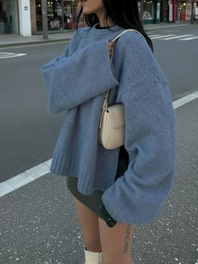 SEREN 新款杏色圆领长袖女式毛衣，宽松休闲时尚简约针织套头衫，圣诞版 - 寶藍色 - 查看 1