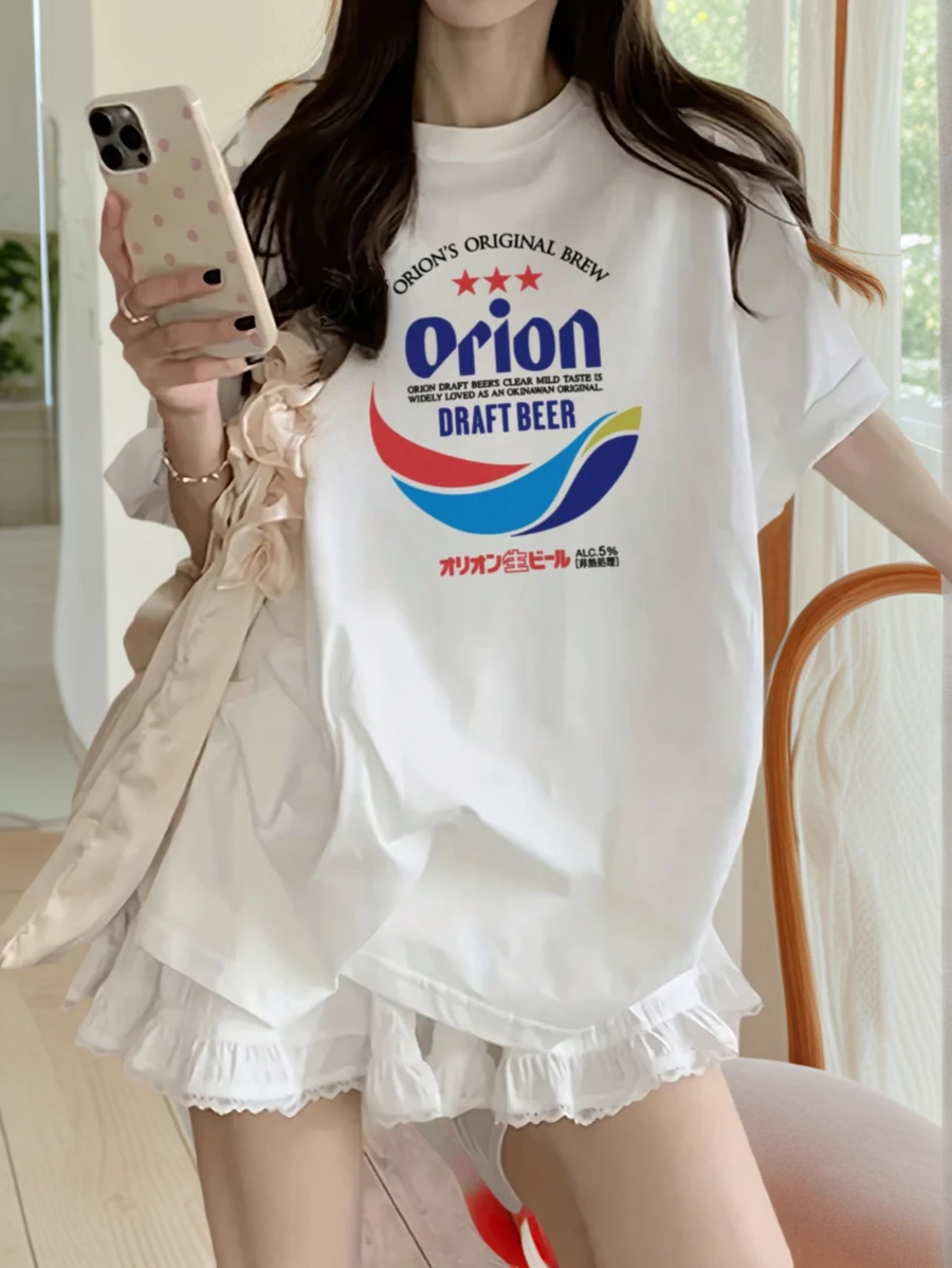 Women's Summer Beer Graphic Japanese Print Round Neck Casual T-Shirt, Fashionable - White - View 1