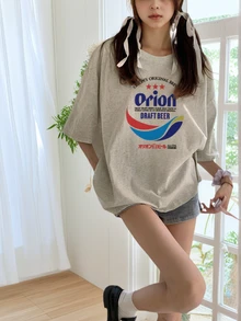 女士休闲啤酒日文印花圆领短袖T恤，时尚百搭，适合夏季 - 淺灰 - 查看 2