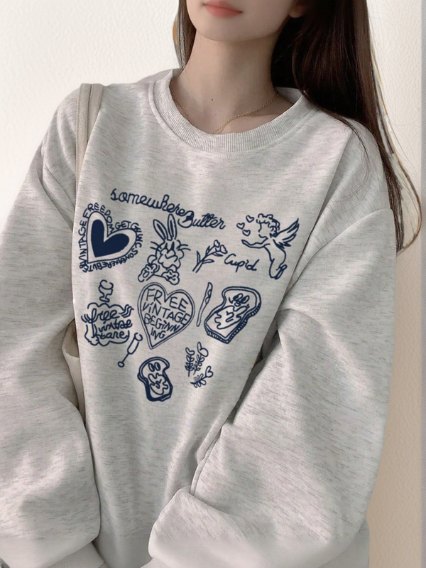 1 buah Sweatshirt Pullover Kasual Longgar dengan Motif Grafiti Lucu, Serbaguna untuk Pakaian Sehari-hari & di Rumah, Musim Gugur/Dingin