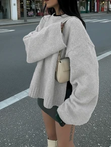 女士秋冬新款法式浪漫休闲百搭简约优雅针织毛衣上衣 - 淺灰色 - 查看 1