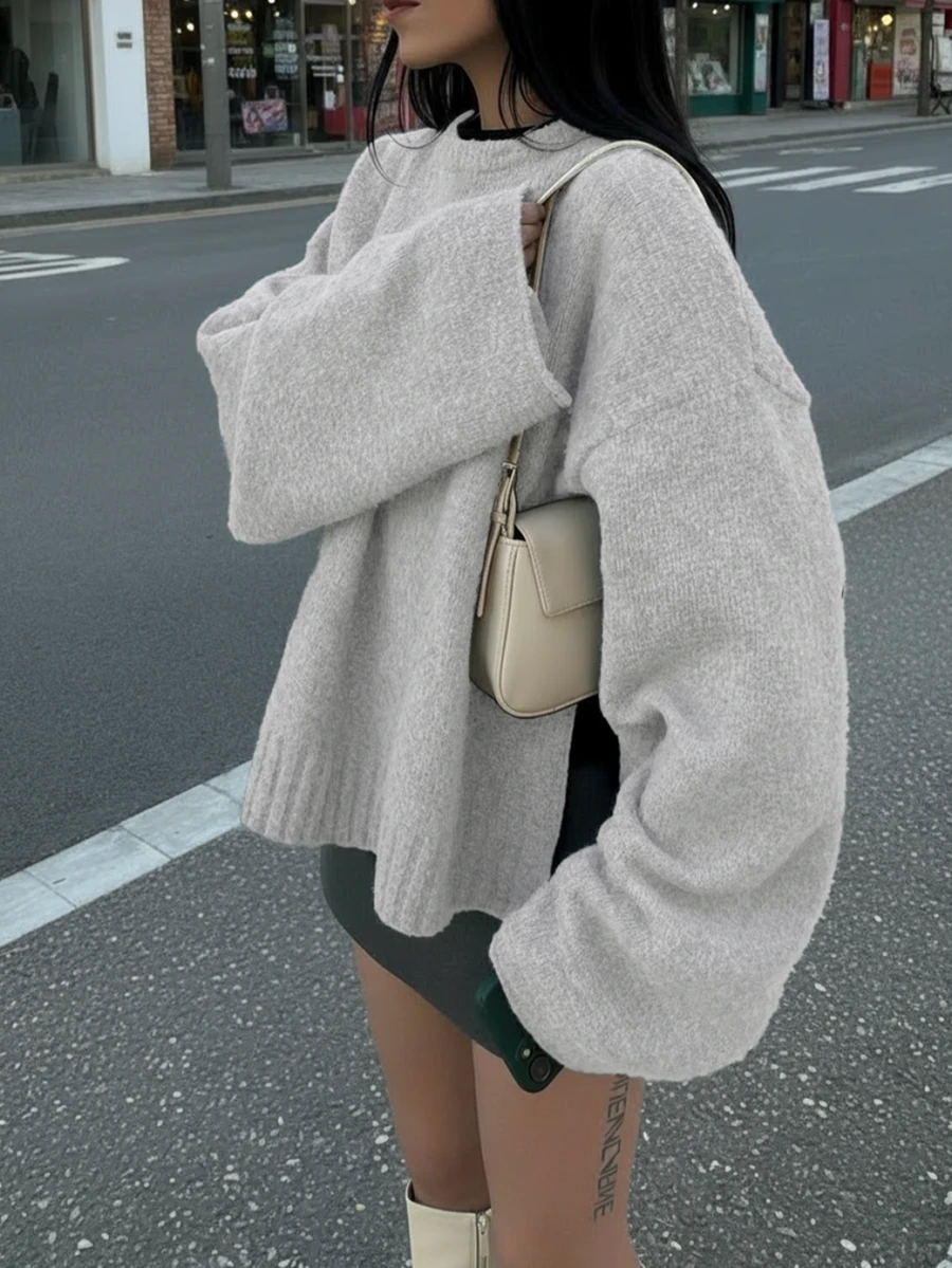 女士秋冬新款法式浪漫休闲百搭简约优雅针织毛衣上衣 - 淺灰色 - 查看 1